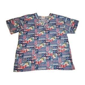 Peaches Think Pink Ribbon Blue Yellow Hope Scrub Top 100% Cotton XS